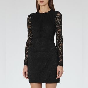 REISS Long Sleeve Black Lace Mini Dress with Sheer Lace Sleeves
